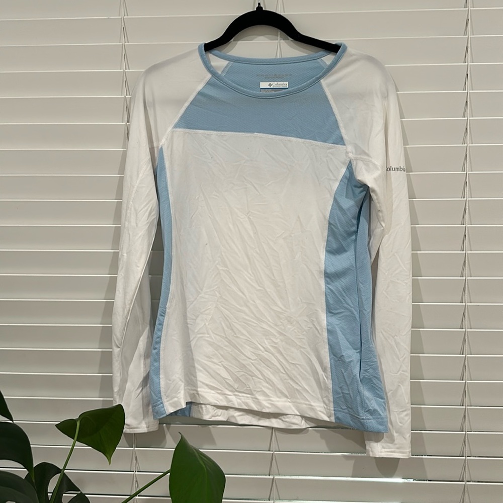 COLUMBIA ✨ Sun Protection Blue White Long Sleeve Running Workout Top Size Small